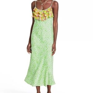 Rixo X Target Green Leopard Ruffle Slip Midi Dress M Vibrant Colorful Summer